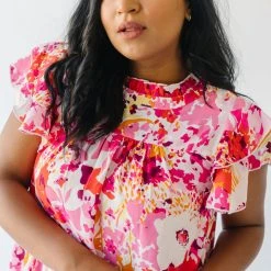 Piper & Scoot The Lanza Ruffle Blouse In Pink Floral Tops