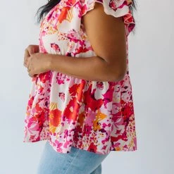 Piper & Scoot The Lanza Ruffle Blouse In Pink Floral Tops