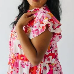 Piper & Scoot The Lanza Ruffle Blouse In Pink Floral Tops