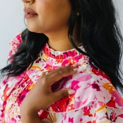 Piper & Scoot The Lanza Ruffle Blouse In Pink Floral Tops