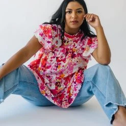 Piper & Scoot The Lanza Ruffle Blouse In Pink Floral Tops