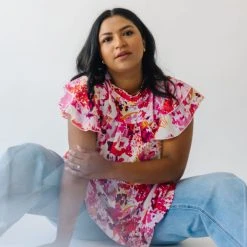 Piper & Scoot The Lanza Ruffle Blouse In Pink Floral Tops