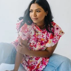 Piper & Scoot The Lanza Ruffle Blouse In Pink Floral Tops