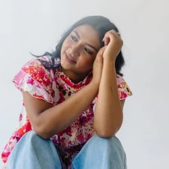 Piper & Scoot The Lanza Ruffle Blouse In Pink Floral Tops