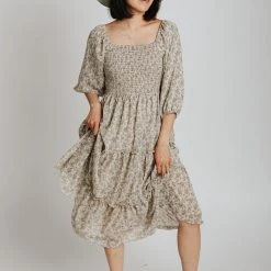 Piper & Scoot The Greta Smocked Floral Dress In Grey Dresses