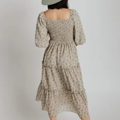 Piper & Scoot The Greta Smocked Floral Dress In Grey Dresses