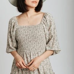 Piper & Scoot The Greta Smocked Floral Dress In Grey Dresses