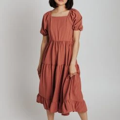 Piper & Scoot The Poppy Puff Sleeve Dress In Clay Dresses