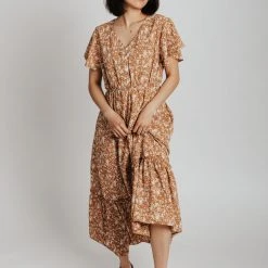 Piper & Scoot The Ammon Floral Midi Dress In Tan Dresses