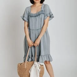 Piper & Scoot The Embassy Smocked Square Neck Dress In Denim