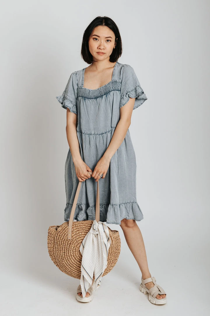 Piper & Scoot The Embassy Smocked Square Neck Dress In Denim