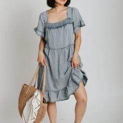 Piper & Scoot The Embassy Smocked Square Neck Dress In Denim