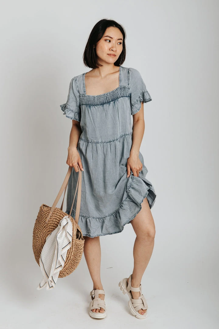 Piper & Scoot The Embassy Smocked Square Neck Dress In Denim