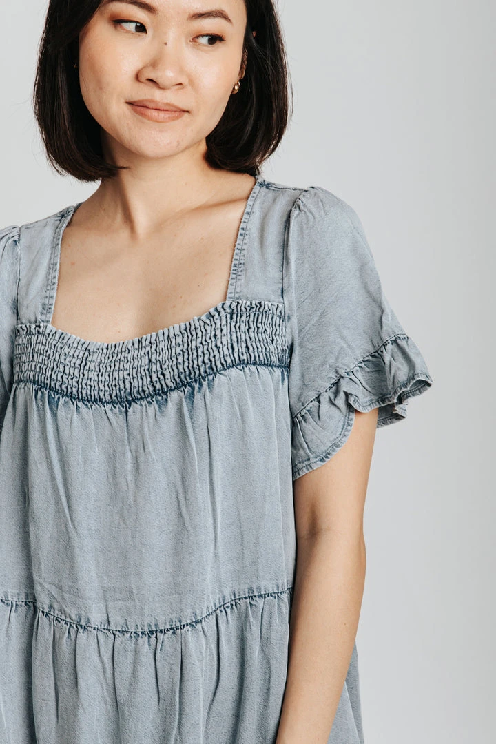 Piper & Scoot The Embassy Smocked Square Neck Dress In Denim