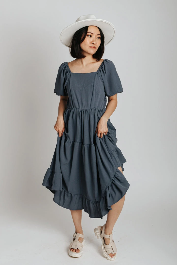 Piper & Scoot The Poppy Puff Sleeve Dress In Slate Blue Dresses