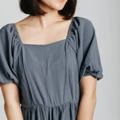 Piper & Scoot The Poppy Puff Sleeve Dress In Slate Blue Dresses