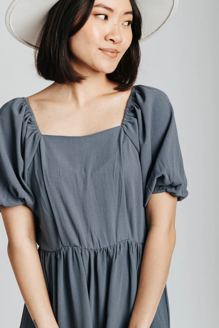 Piper & Scoot The Poppy Puff Sleeve Dress In Slate Blue Dresses