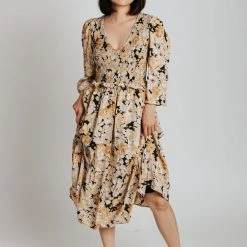 Piper & Scoot The Aero Smocked Midi Dress In Mustard Floral