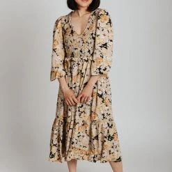 Piper & Scoot The Aero Smocked Midi Dress In Mustard Floral