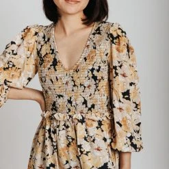 Piper & Scoot The Aero Smocked Midi Dress In Mustard Floral