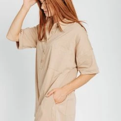 Piper & Scoot The Forrest Collared Romper In Khaki Bottoms + Jumpsuits