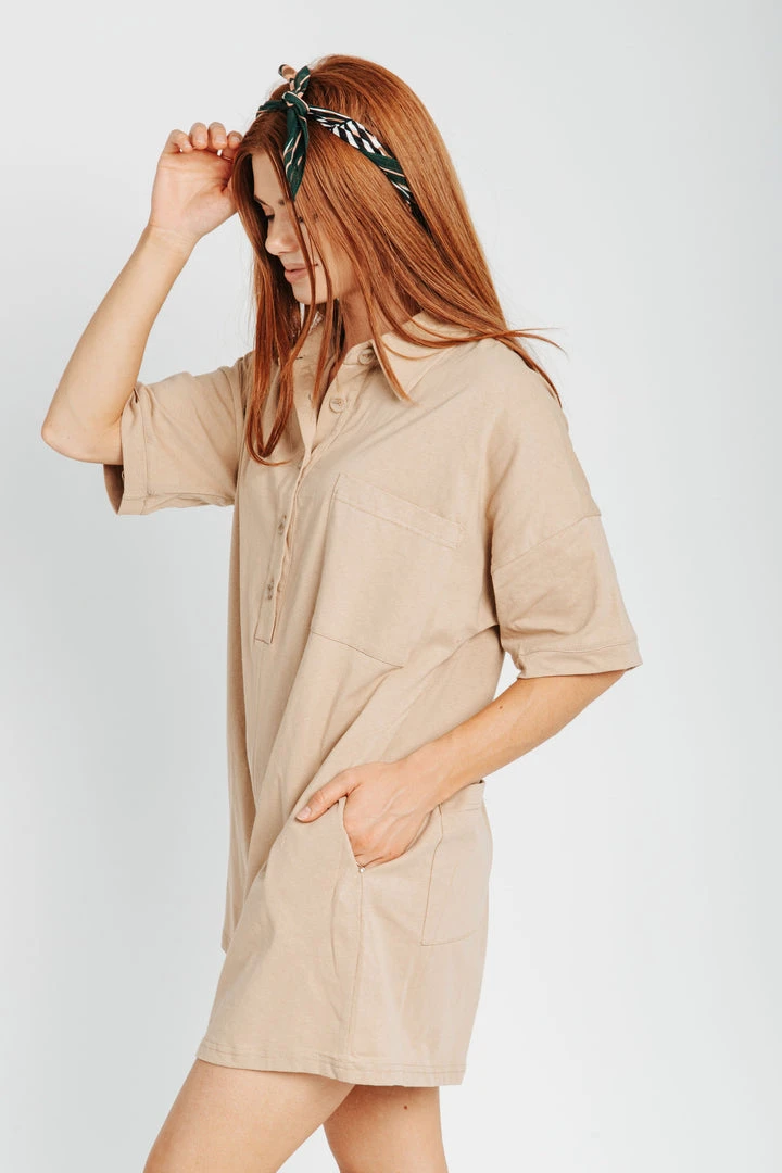 Piper & Scoot The Forrest Collared Romper In Khaki Bottoms + Jumpsuits