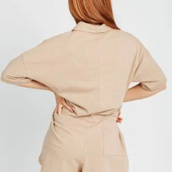 Piper & Scoot The Forrest Collared Romper In Khaki Bottoms + Jumpsuits