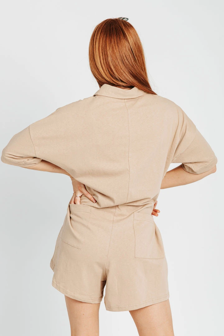 Piper & Scoot The Forrest Collared Romper In Khaki Bottoms + Jumpsuits