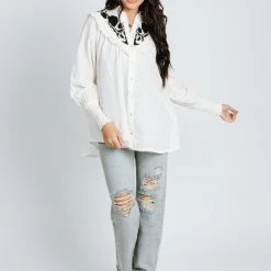Piper & Scoot Free People: Rose Vines Embroidered Top In Ivory Combo