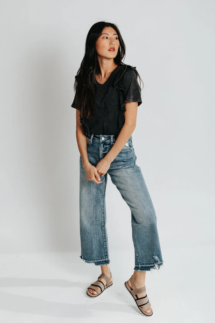 Piper & Scoot The Melinda Ruffle Short Sleeve Top In Charcoal Tops