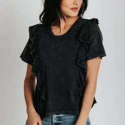 Piper & Scoot The Melinda Ruffle Short Sleeve Top In Charcoal Tops