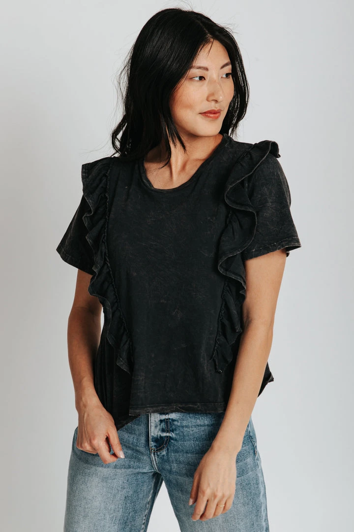 Piper & Scoot The Melinda Ruffle Short Sleeve Top In Charcoal Tops