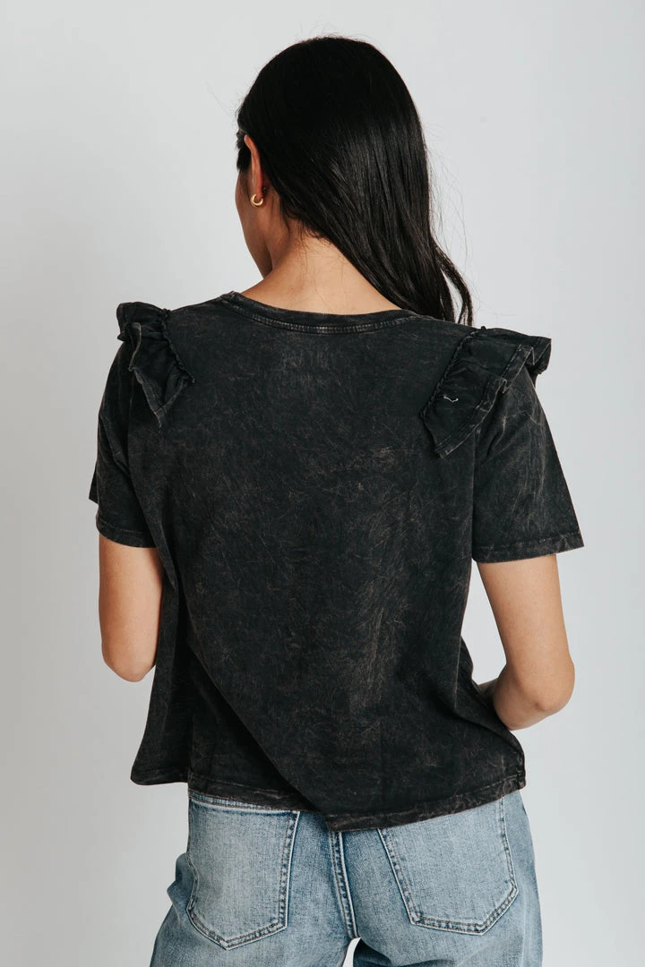Piper & Scoot The Melinda Ruffle Short Sleeve Top In Charcoal Tops