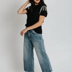 Piper & Scoot The Storie Fringe Detail Tee In Black Tops