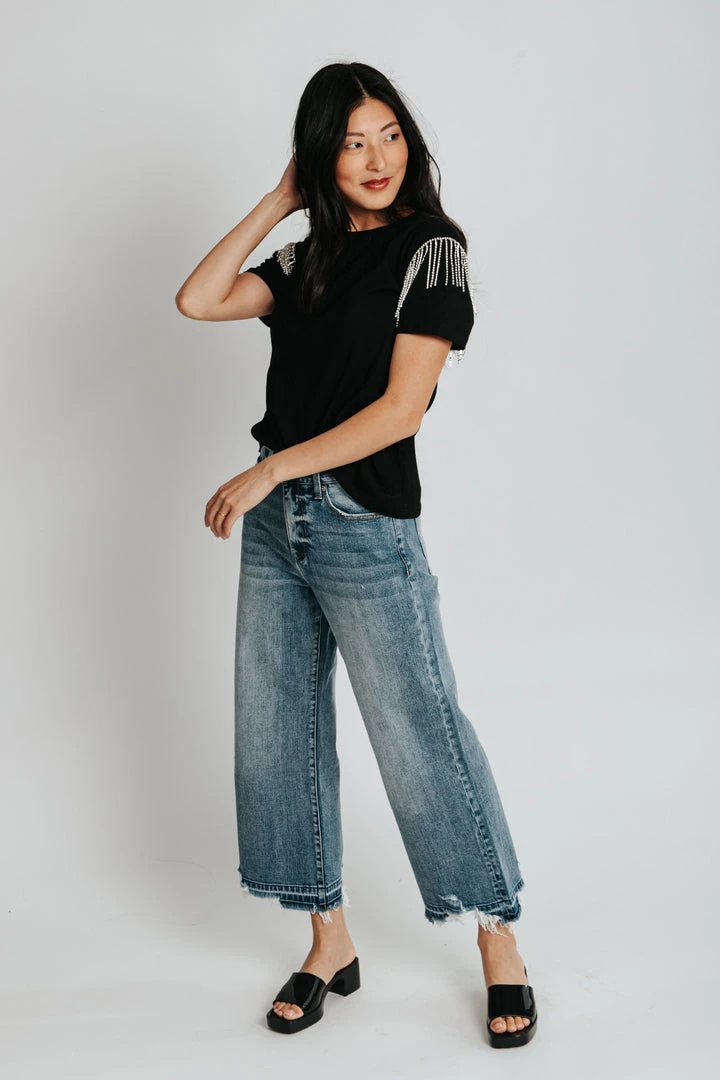 Piper & Scoot The Storie Fringe Detail Tee In Black Tops