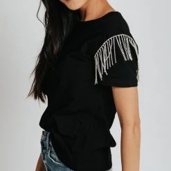 Piper & Scoot The Storie Fringe Detail Tee In Black Tops