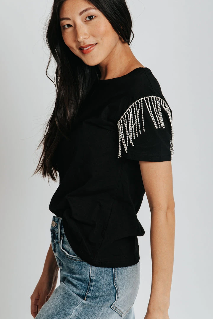 Piper & Scoot The Storie Fringe Detail Tee In Black Tops