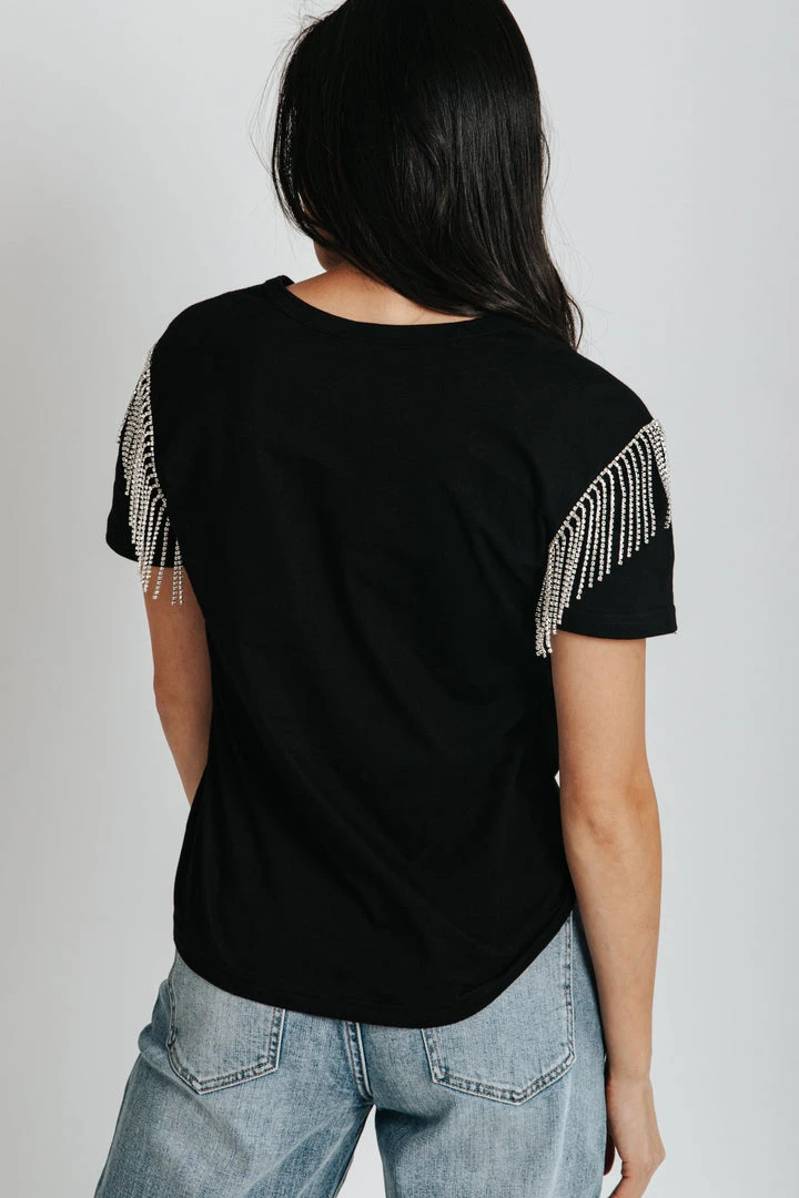 Piper & Scoot The Storie Fringe Detail Tee In Black Tops