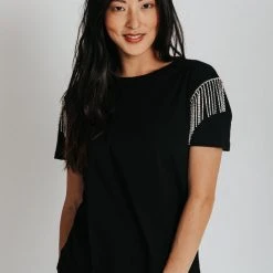 Piper & Scoot The Storie Fringe Detail Tee In Black Tops