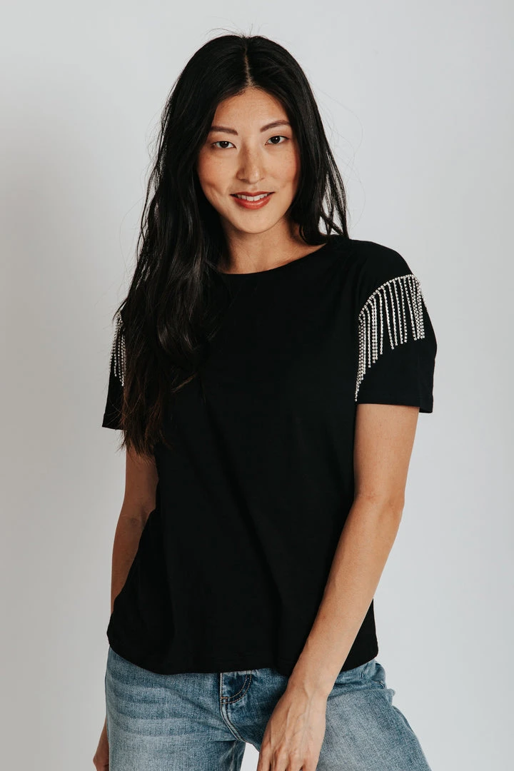 Piper & Scoot The Storie Fringe Detail Tee In Black Tops