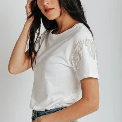 Piper & Scoot Tops The Storie Fringe Detail Tee In Off White