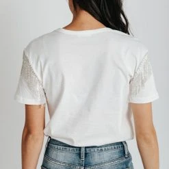Piper & Scoot Tops The Storie Fringe Detail Tee In Off White