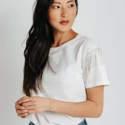 Piper & Scoot Tops The Storie Fringe Detail Tee In Off White