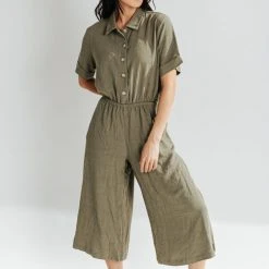 Piper & Scoot The Kaysha Linen Jumpsuit In Sage Bottoms + Jumpsuits