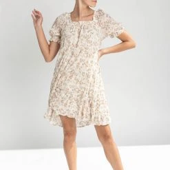 Piper & Scoot The Rune Square Neck Floral Detail Dress In Ivory Dresses