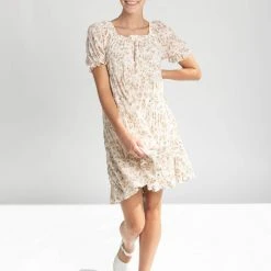 Piper & Scoot The Rune Square Neck Floral Detail Dress In Ivory Dresses