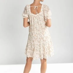 Piper & Scoot The Rune Square Neck Floral Detail Dress In Ivory Dresses
