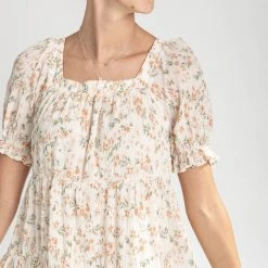 Piper & Scoot The Rune Square Neck Floral Detail Dress In Ivory Dresses