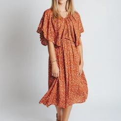 Piper & Scoot: The Campbell Dolman Sleeve Midi Dress In Rust Floral