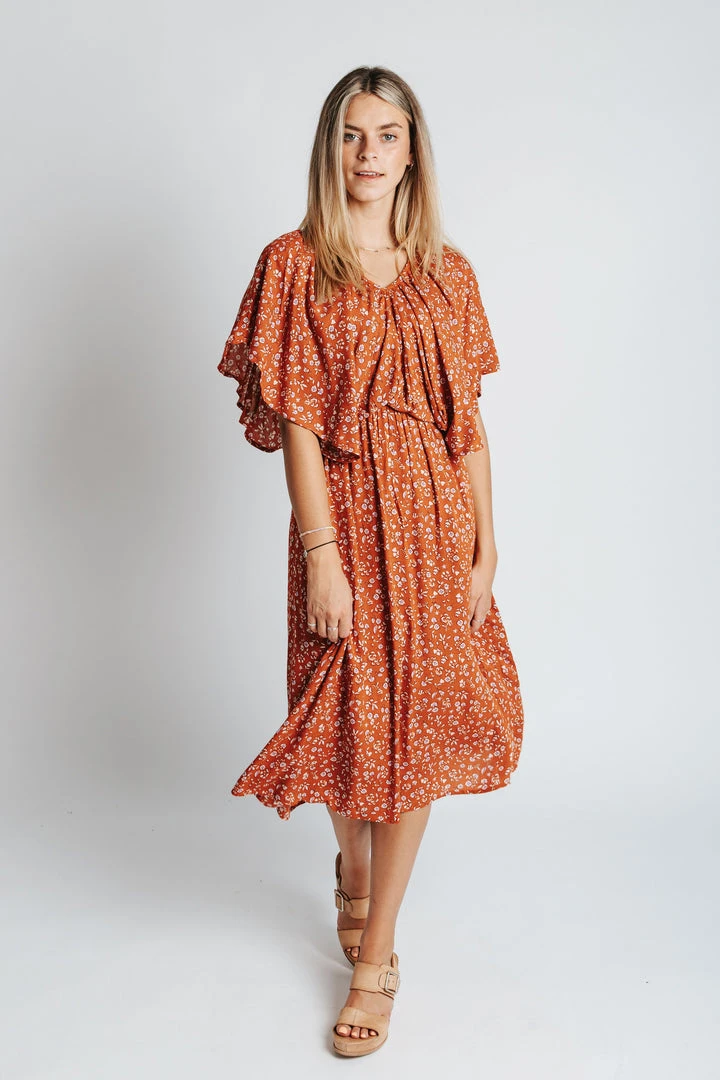 Piper & Scoot: The Campbell Dolman Sleeve Midi Dress In Rust Floral